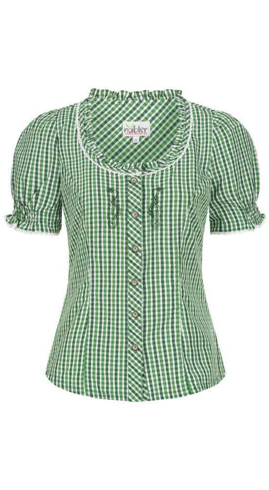 Nübler Trachtenbluse Damen - Kurzarm, kariert mit Häkelborte im traditionellen Stil - Moderne bayrische Tracht, Natascha Grün Weiß