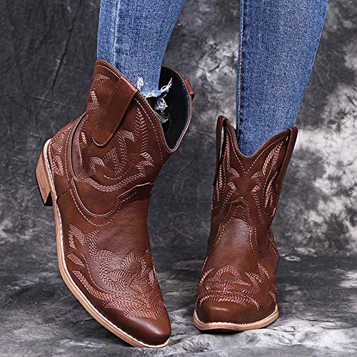 Cowboy Boots For Women 2025 Pointed Toe Wide Calf Western Flower Embroidered Chunky Heel Mid Calf Ankle Boots Retro Leather Western Cowboy Knee High Booties2