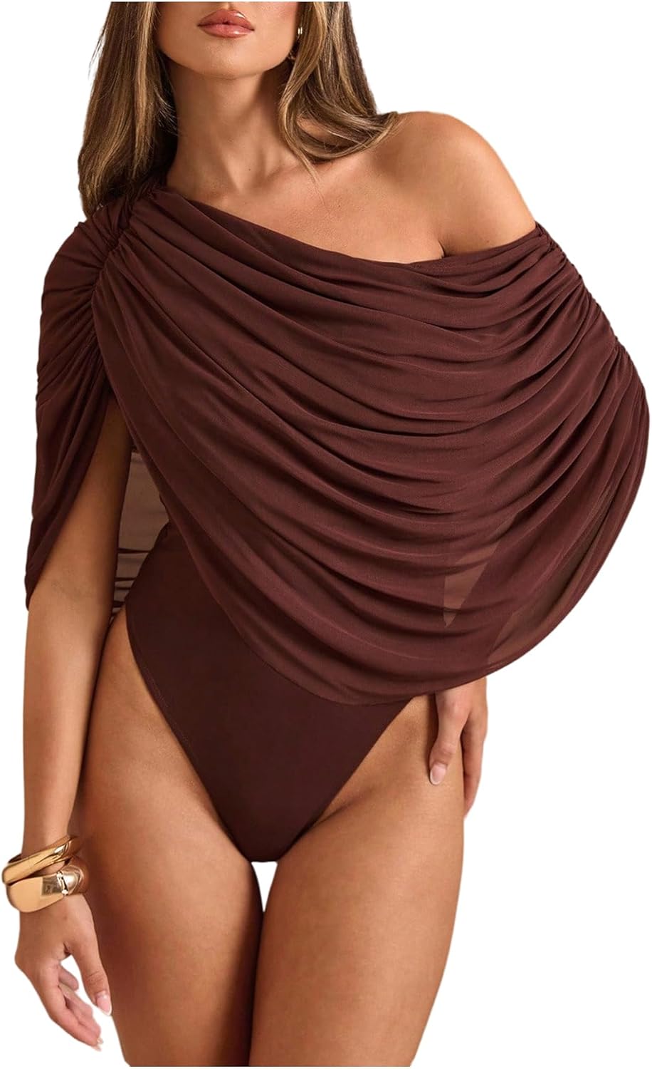 Milumia Women's Ruched Draped Mesh Off The Shoulder Bodysuit Asymmetrical Short Sleeve Leotard Tops