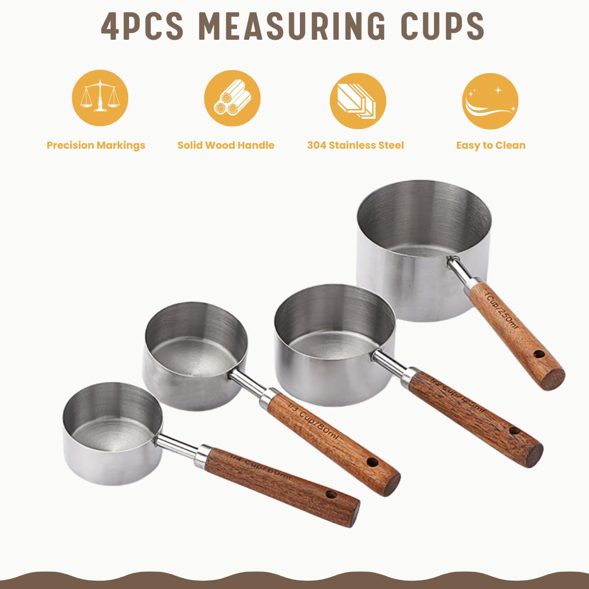 Messbecher und Löffel Set mit Holzgriff, 8 Stück Edelstahl Messlöffel und Becher mit US-Messungen zum Backen und Kochen Silber