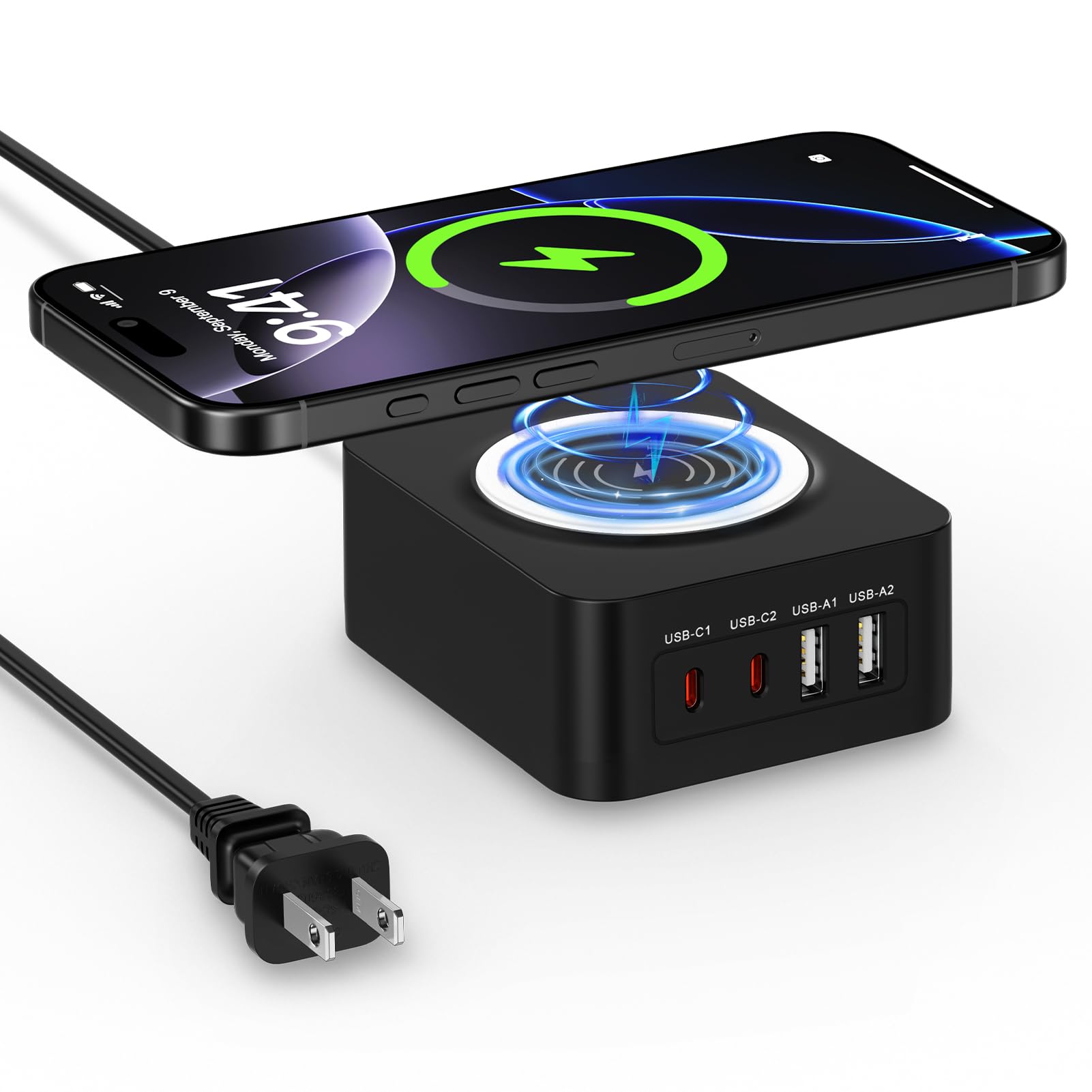 60W USB Charging Station Block with 15W Wireless Charger for Samsung Galaxy S25 Ultra Plus A15 A16 A54 S24 S23 S22 S21, Multi Port Travel Type C Wall Charger Adapter Plug for iPhone 16 15, Pixel 9 pro