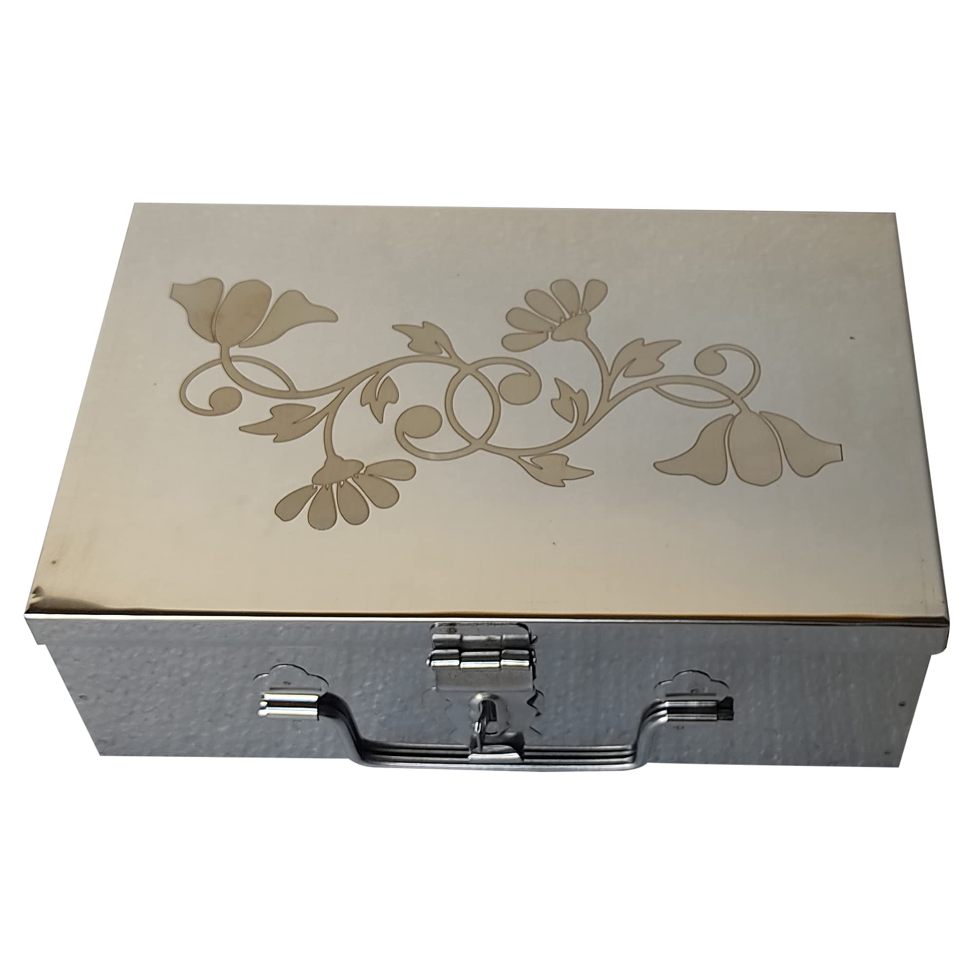 Stainless Steel Storage Boxes,Cash Peti, Pooja Peti,Organizer, Vanity Box, Safe Locker- 9 inch Storage Box (Steel) W-23 cm, H-7.5 cm, L-15.5 cm. Cash Box With Laser Print Design(Medium)-image-49