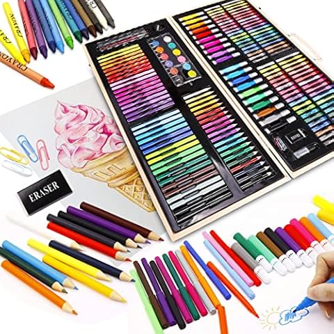 ToPicks Malset für Kinder Erwachsene 180 teilige Malkasten Aquarellfarbe Ölpastelle Buntstifte Set Malkoffer aus Holz Cover