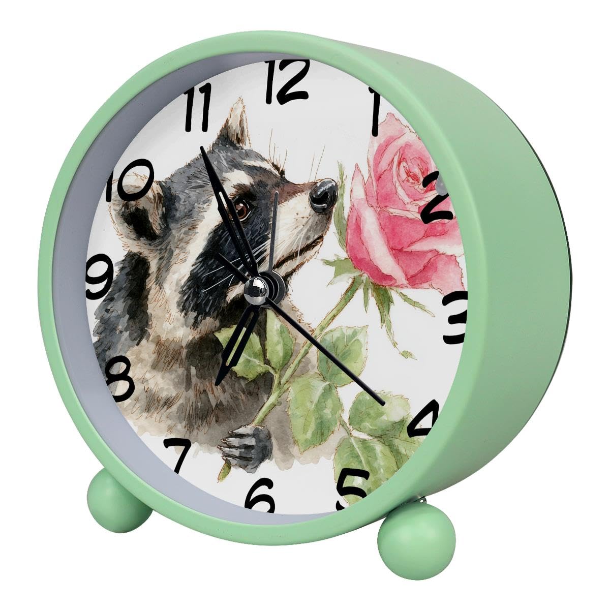 Luoweisi Analog Alarm Clock Raccoon Pink Rose, Silent Non-Ticking with Night Light, Battery Operated, Round Desk Alarm Clock for Office, Bedroom, Elderly, Adults, Children, Student Gifts