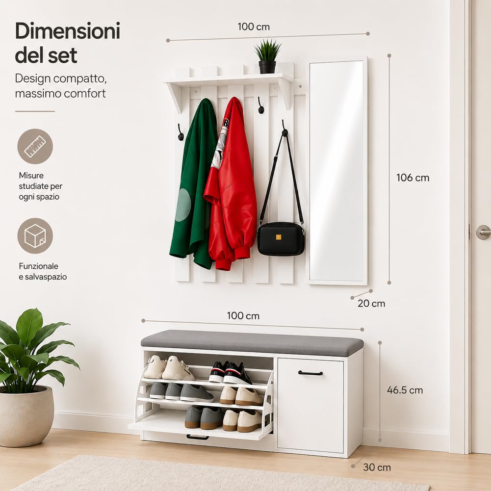 Shally Dogan Set Ingresso con Scarpiera, Appendiabiti e Specchio, Attaccapanni con 5 Ganci Doppi, Mobile Porta Scarpe con Anta e Maniglia Ergonomica, Arredo Salvaspazio Struttura Resistente (Bianco)