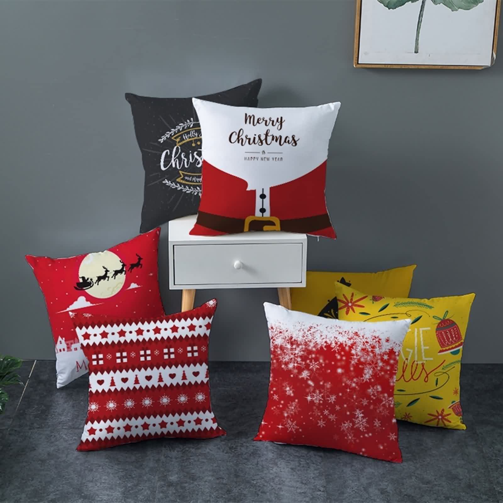 AmDxD 4 poszewki na poduszkę 50 x 50 cm, nadruk Merry Christmas dekoracyjne poszewki na poduszki z poliestru, kwadratowe poszewki na poduszkę, do samochodu, salonu, sypialni, biura, ciemnoszara – zestaw 9