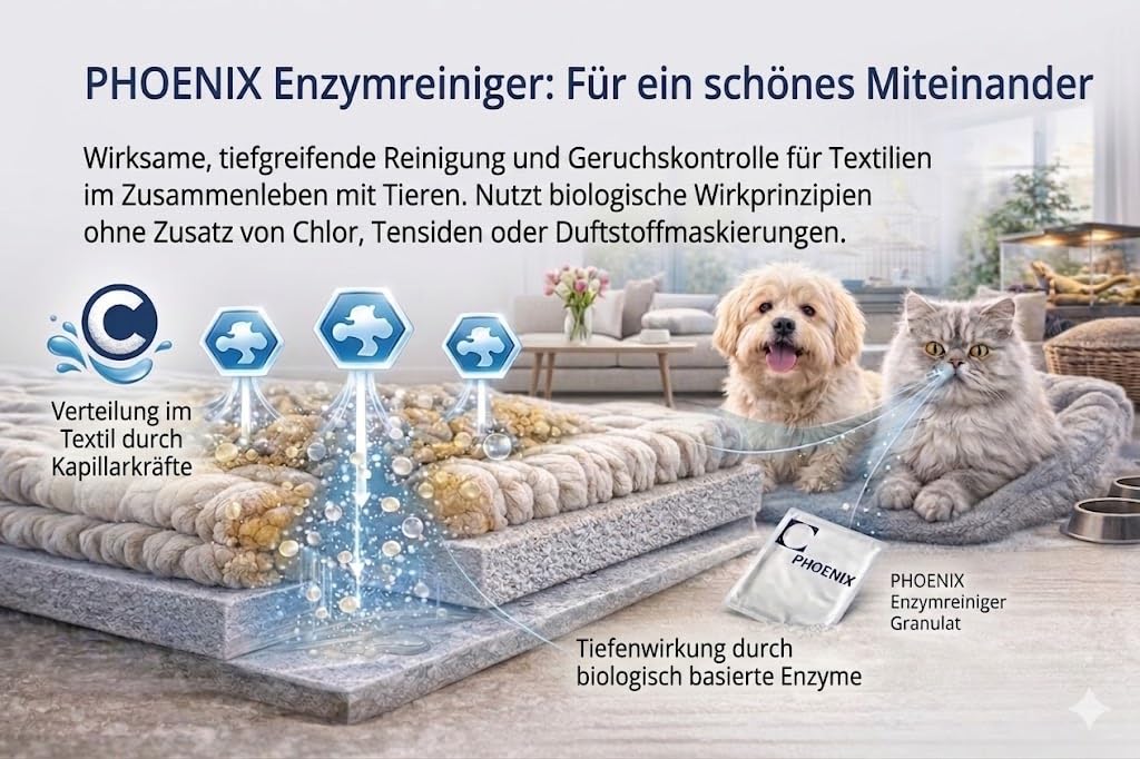 Rimuovere l'odore degli animali 1000g (50L) | + lampada UV | Detergente enzimatico in granuli per cane, cucciolo, cavallo, uccello, | Phoenix Enzymreiniger