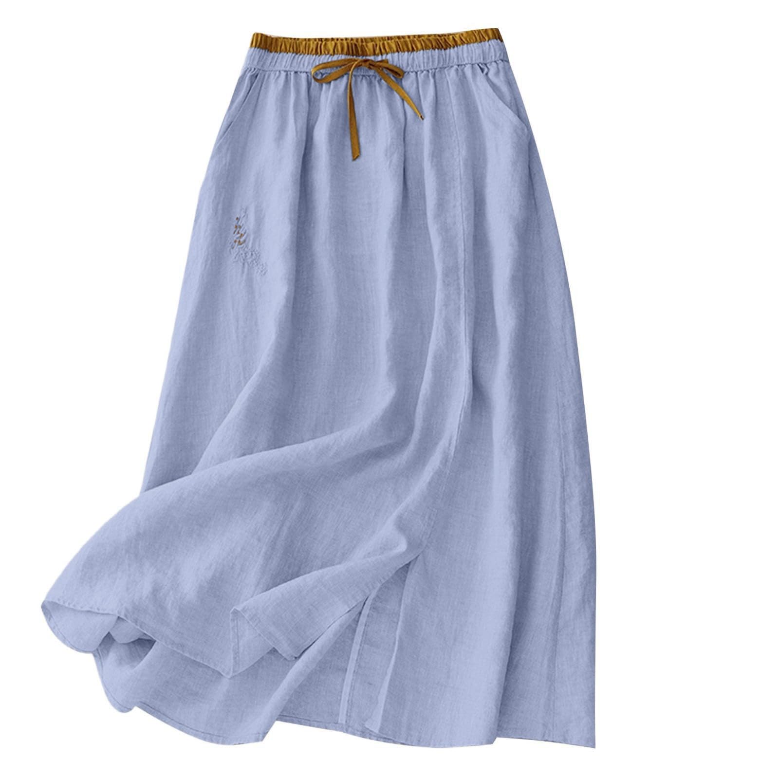 Womens Cotton Linen Midi Skirt with Pockets Casual Flowy Swing Elastic High Waist A-Line Split Long Boho Skirts