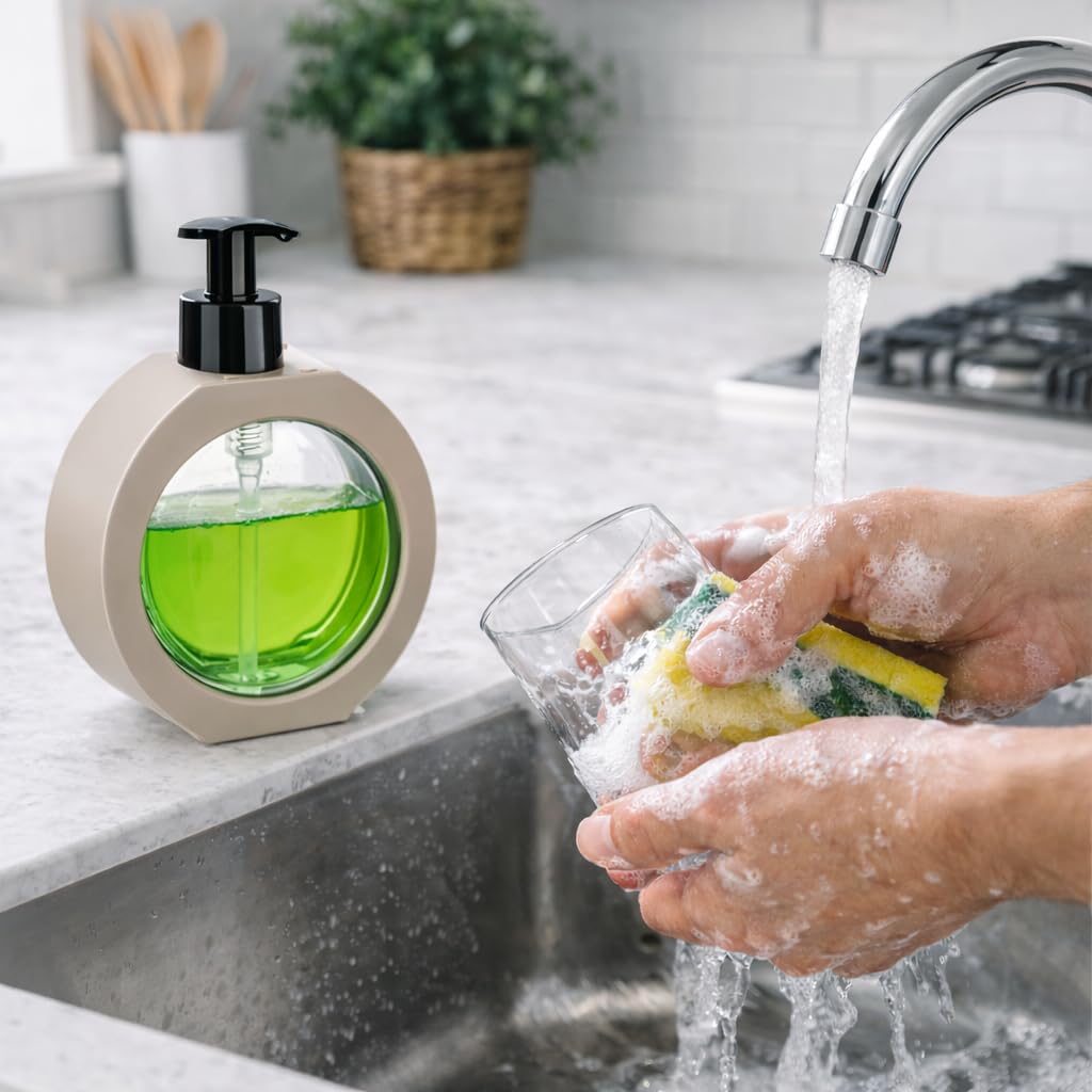Yuvarlak Şekilli Şık Sıvı Sabunluk & Deterjanlık Sıvı Sabun Haznesi Banyo Sabunluğu Mutfak Deterjanlığı Deterjan Haznesi 350 ml (Krem)
