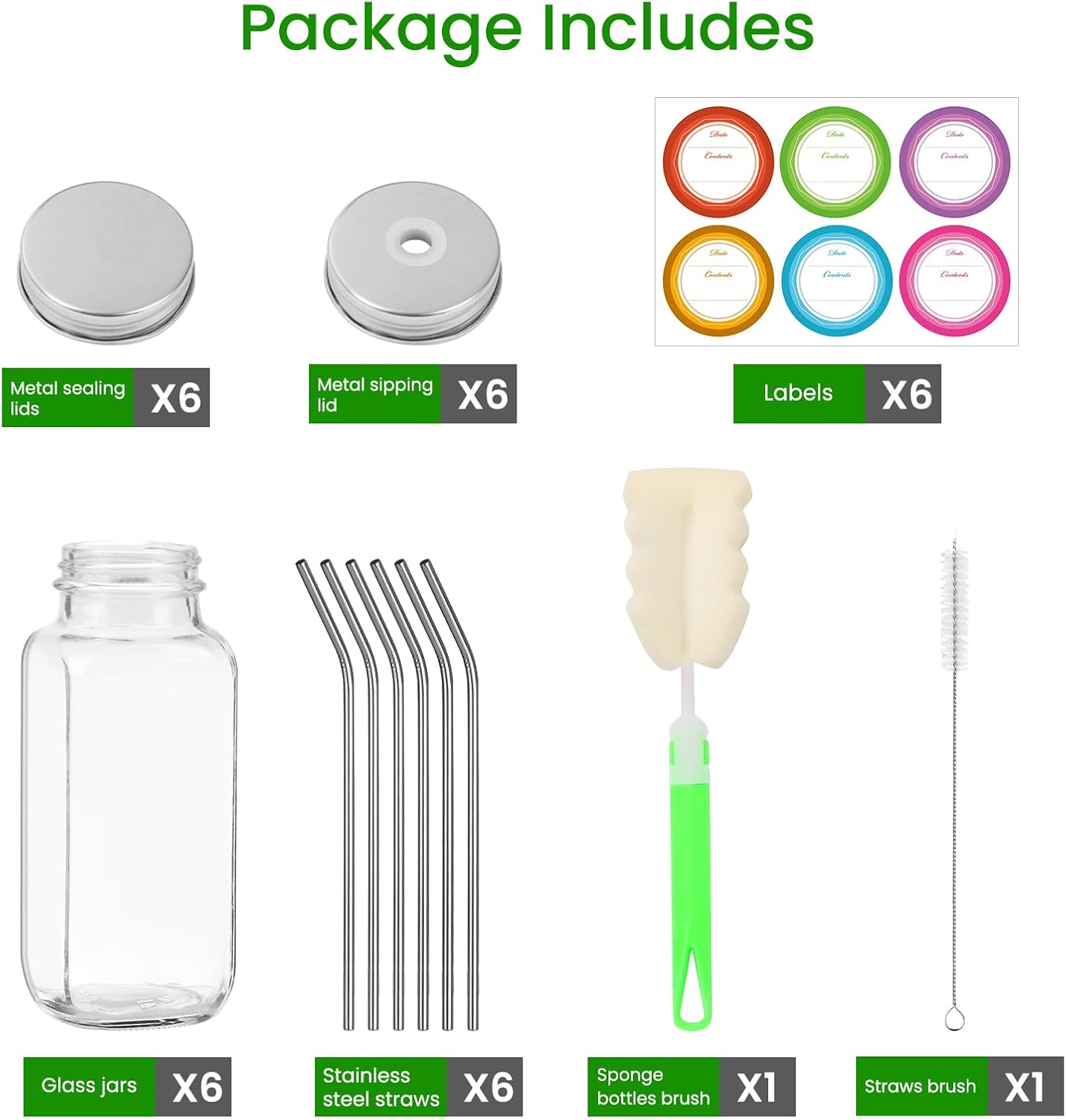 8 oz 6 Pack Glass Juice Bottles with Lids, Leakproof Drinking Jars