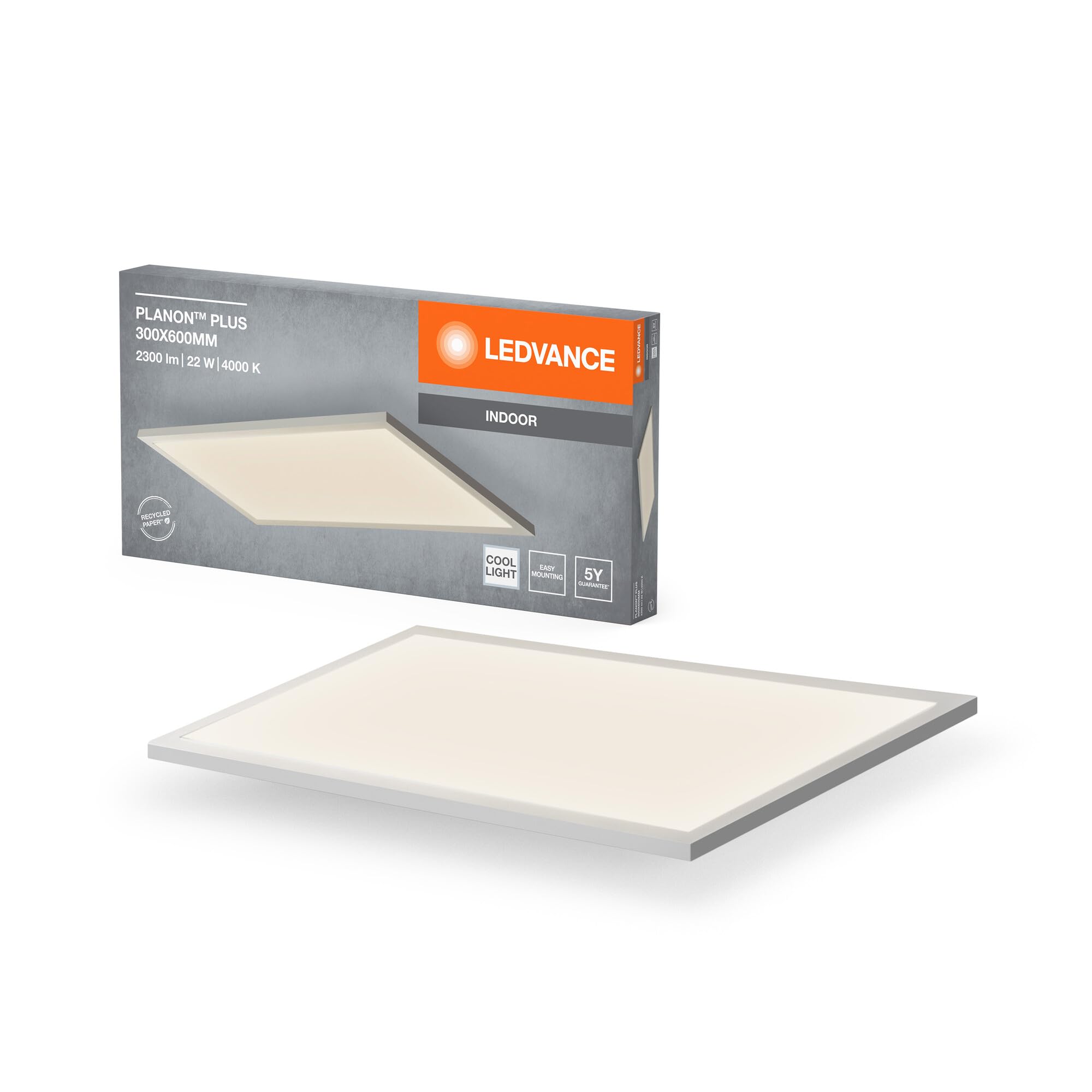 LEDVANCE Planon Plus Ceiling Light in White with Advanced LED Technology, 22 W, Rectangular Shape (300 x 600 mm), Neutral White Light Colour at 4000 K, Aluminium housing, Frosted PMMA Diffuser