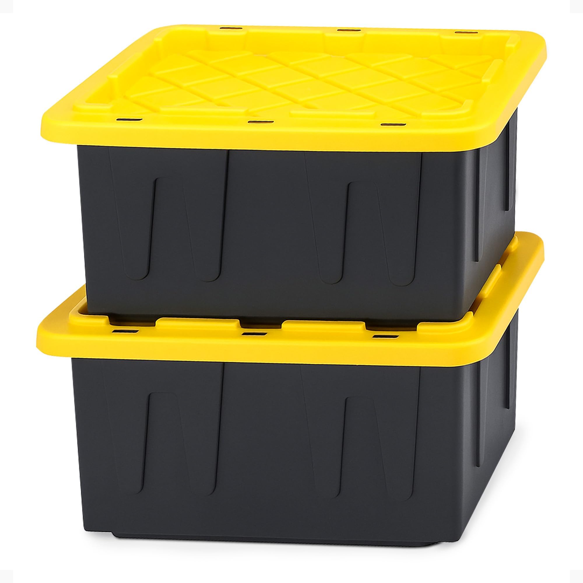 Homz 15-Gallon Durabilt Plastic Stackable Storage Organizer Container w/Snap Lid and Hasps for Tie-Down Straps or Locks, Black/Yellow (2 Pack)