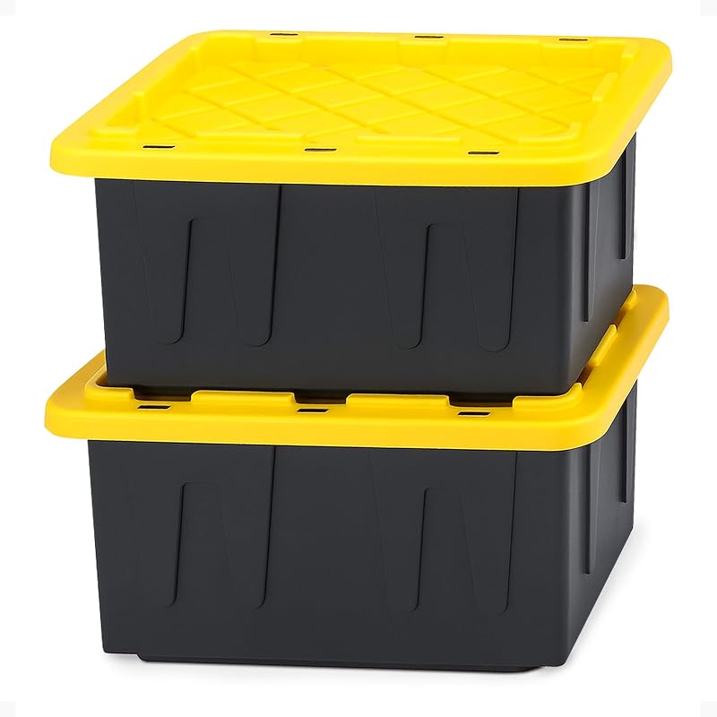 HOMZ Contenedores de almacenamiento de plástico Durabilt con tapas, 15 gal, negro/amarillo, paquete de 2 | Cajas contenedoras apilables grandes y resistentes para organización del hogar, el ático y el garaje