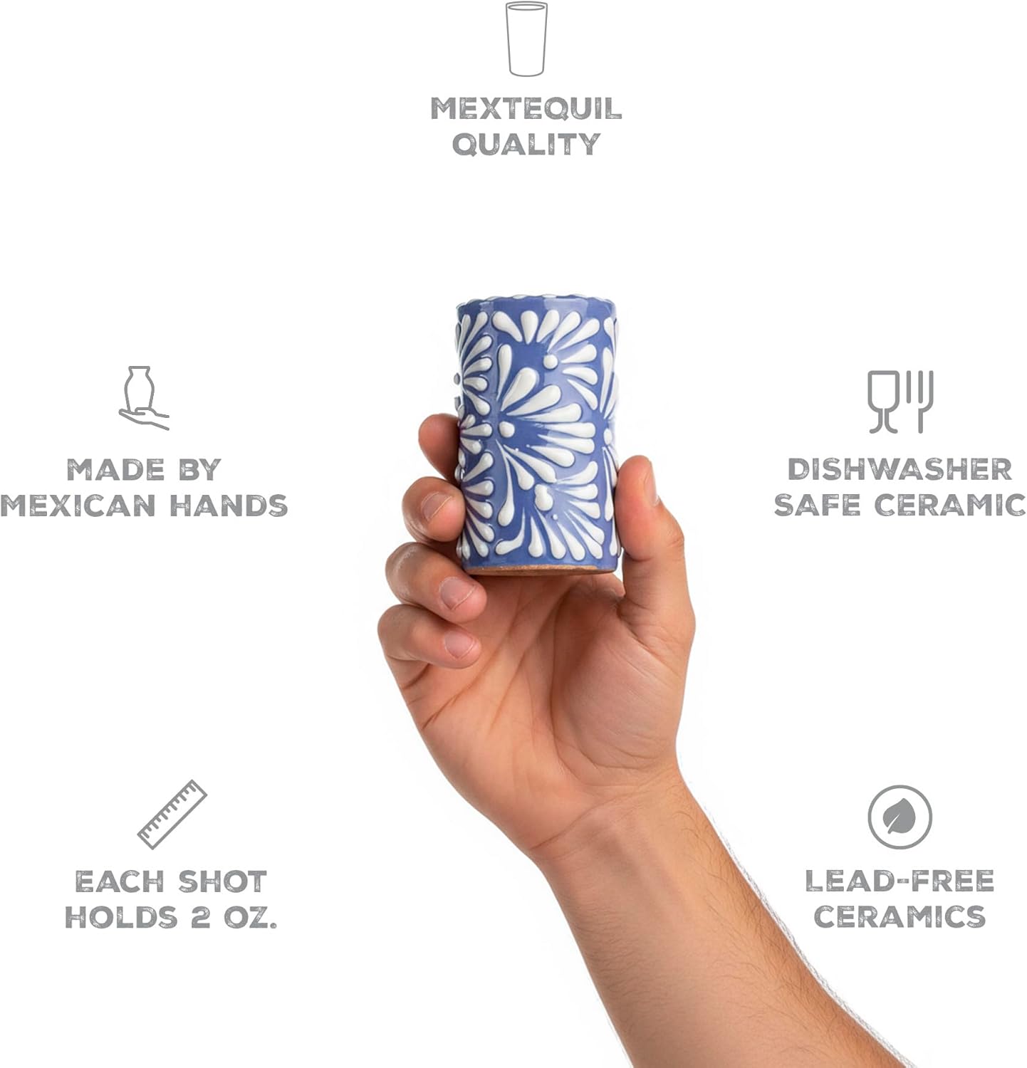 Talavera Shot Glasses Set of 4 Authentic Mexican Tequila Shot Glasses - Hand-painted - 2 Oz (White Brushstroke Blue Background) - Image 2