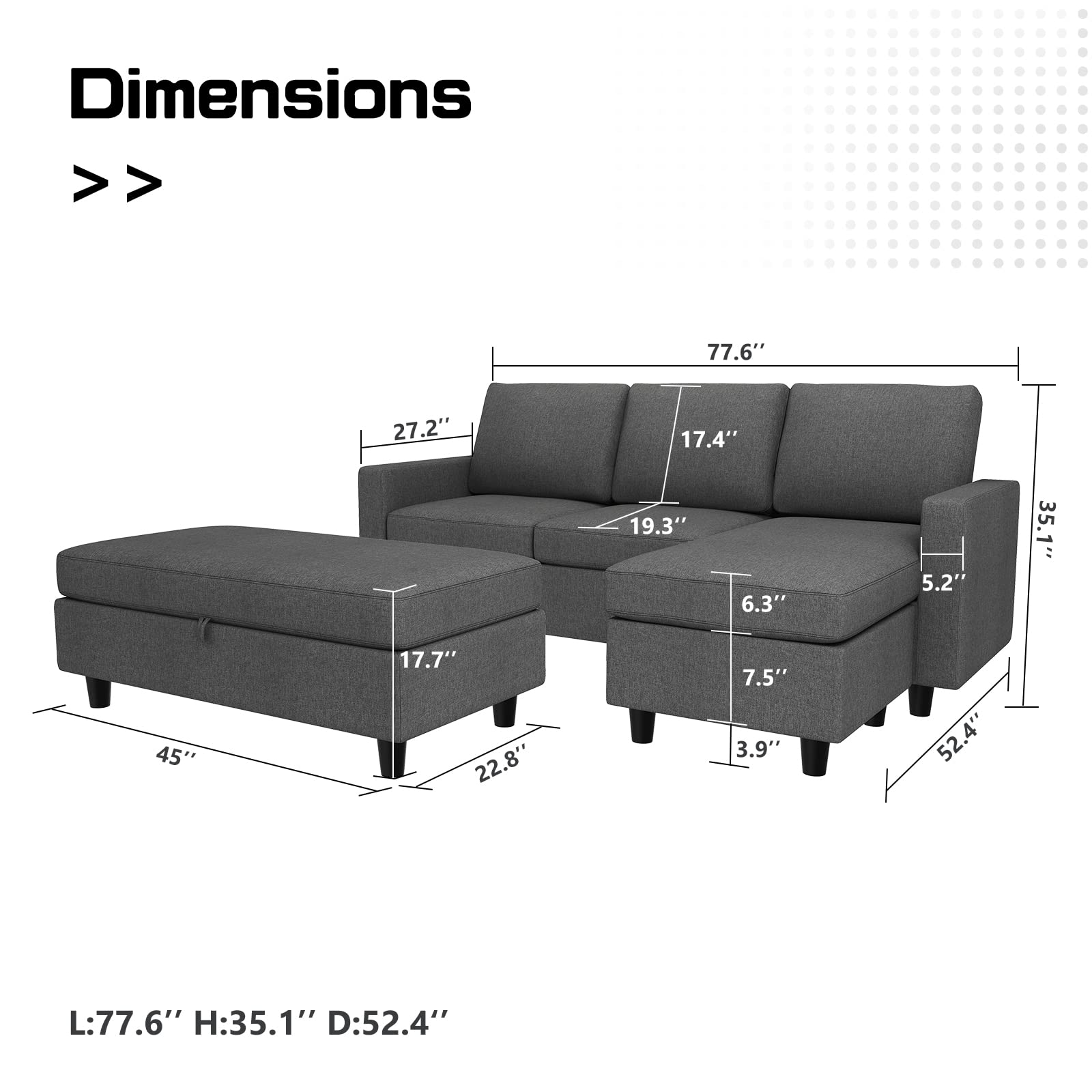 HONBAY Reversible Sectional Couch with Ottoman LShaped Sofa for Small