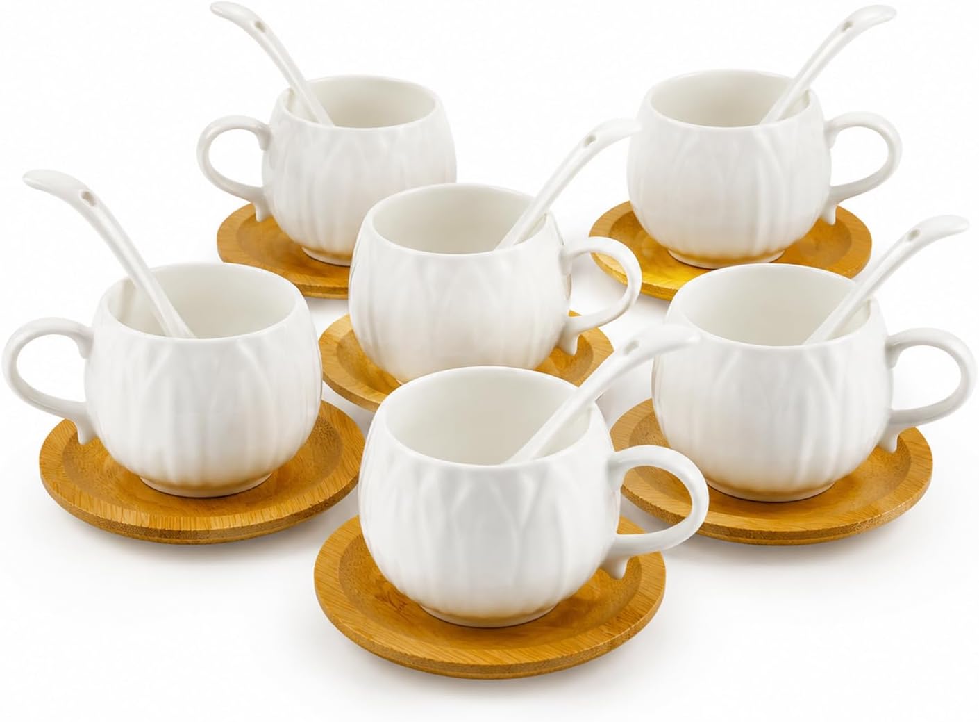 smarex Ceramic Espresso Cups with Bamboo Saucers, 3 oz Demitasse Cups,Coffee Mug Teacup Set of 2, White