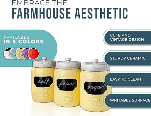 Miniatura 8 de Mason Jar - Juego de 3 recipientes de cerámica para cocina, recipientes de almacenamiento decorativos con tapas herméticas para café, azúcar y más,