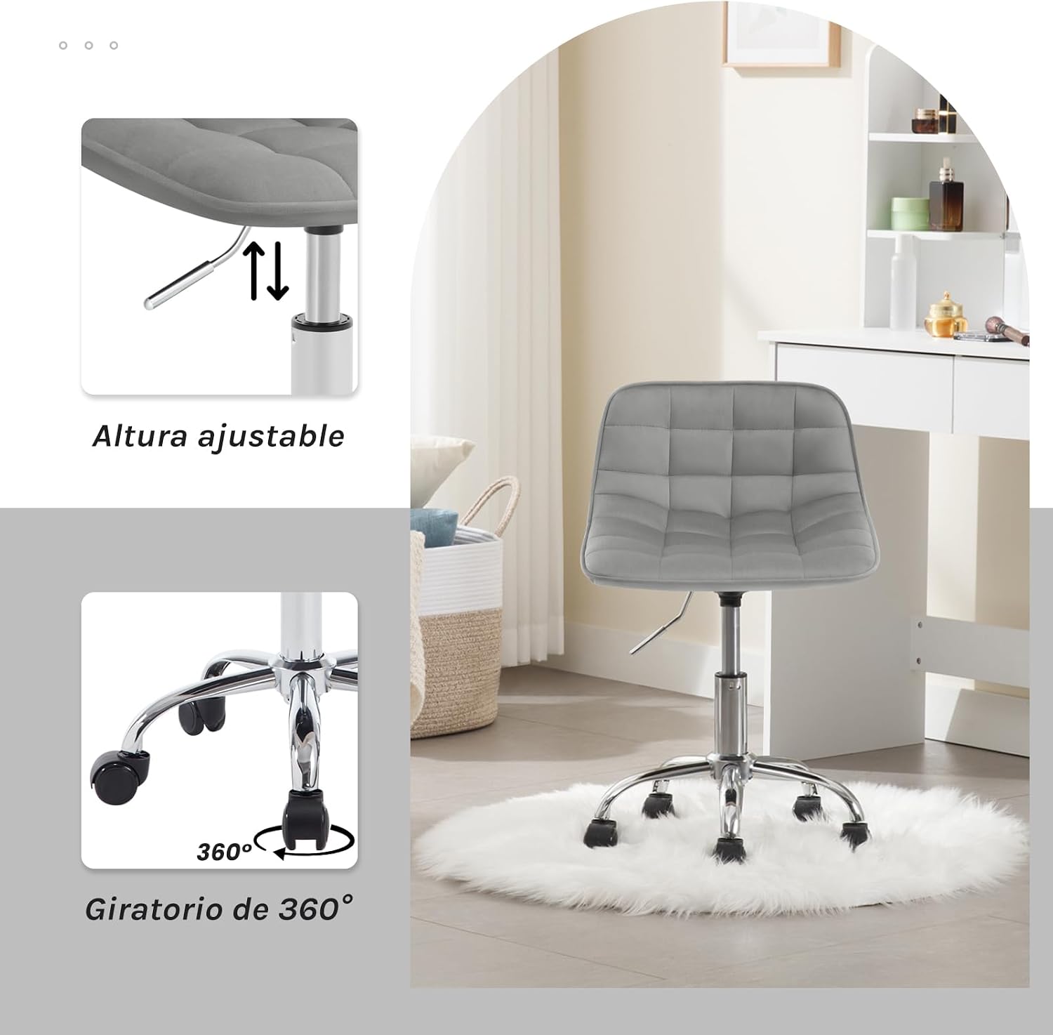 Close-up images demonstrating the height adjustment lever and the 360-degree swivel function of the chair's wheels.