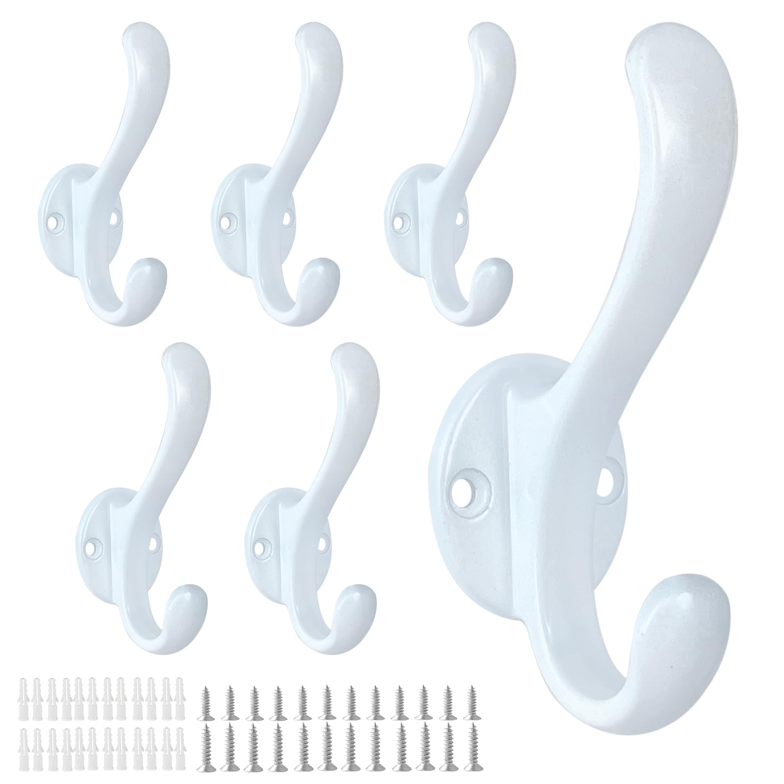 Photo 1 of PEOIAOY 6 Pack Retro Double Coat Hooks - White Aluminum Alloy