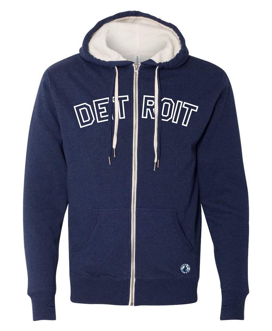 Unisex Zip-Up Hoodie - Detroit Sherpa Lined - Navy w/ White