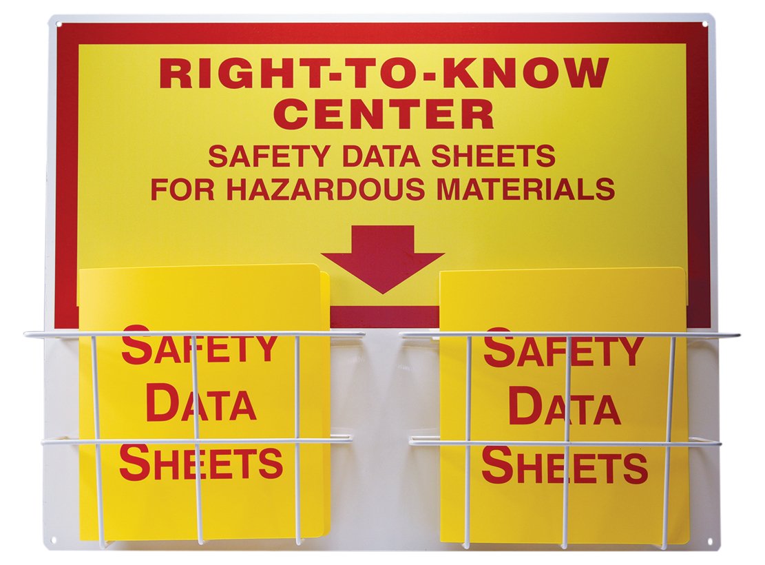 Right-to-Know Center, 0.063" Thick Board with (2) Coated Wire Basket, (2) 1-1/2" Safety Data Sheets 3-Ring Binder Included, Red/Yellow on White