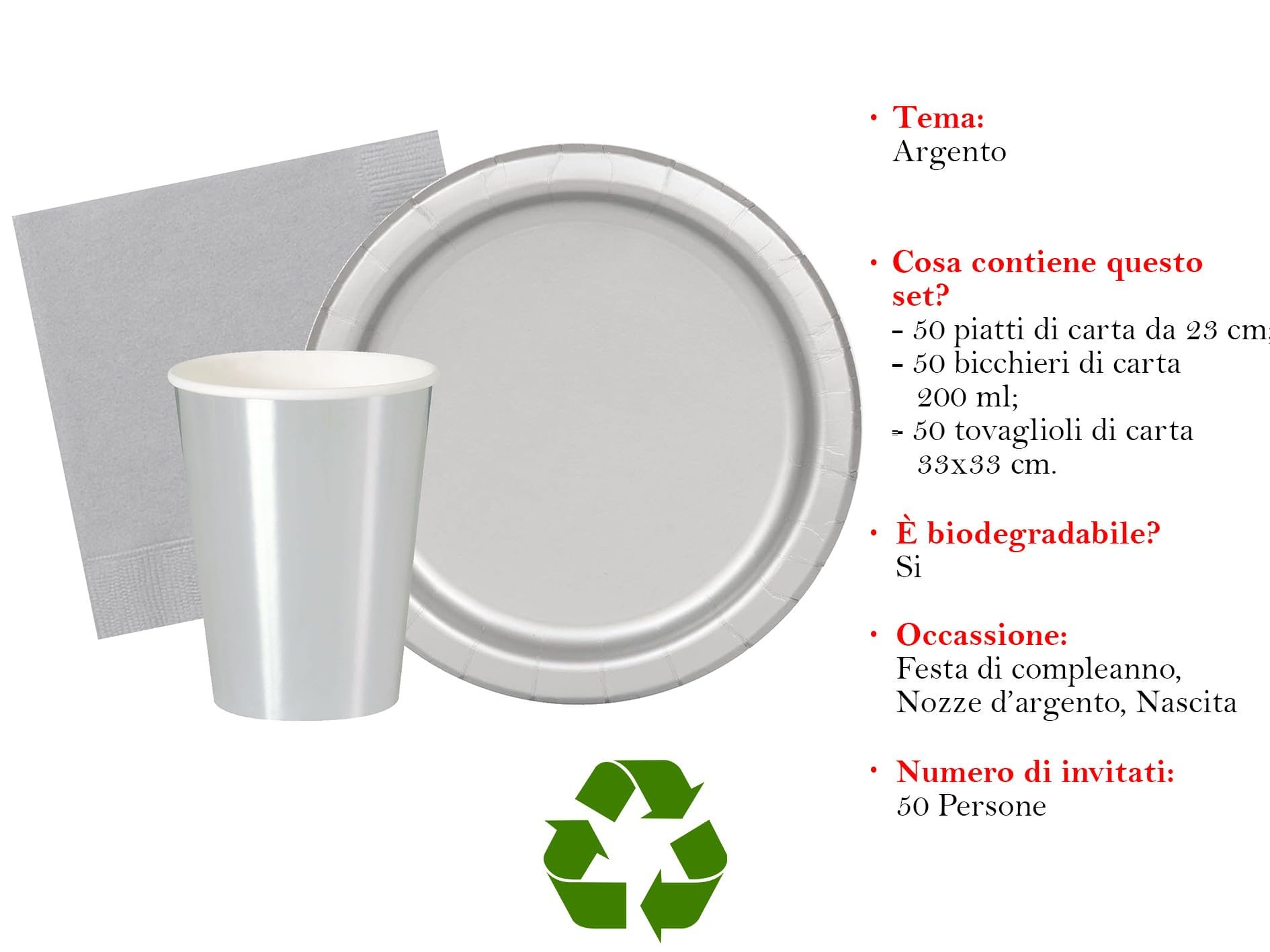 Kit festa di compleanno tinta unita color Argento per 50 persone eco-friendly (50 piatti ⌀ 23 cm, 50 bicchieri 200 ml, 50 tovaglioli 33x33 cm)