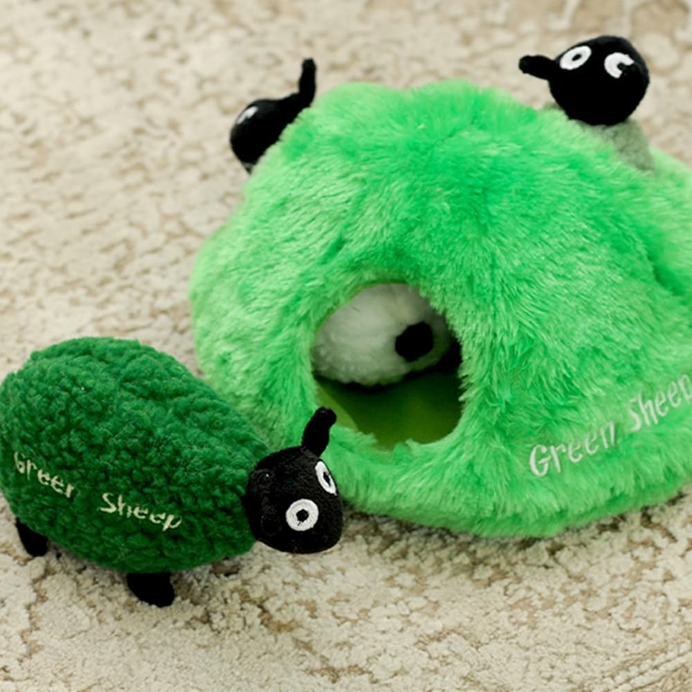 Green Sheep Hide & Seek Toy for Dogs, Durable Plush Squeaky Dog Toys with Recycle Cotton Rope, Interactive Chew Toy for Small to Large Dogs, Tough Pet Toys to Keep Them Busy