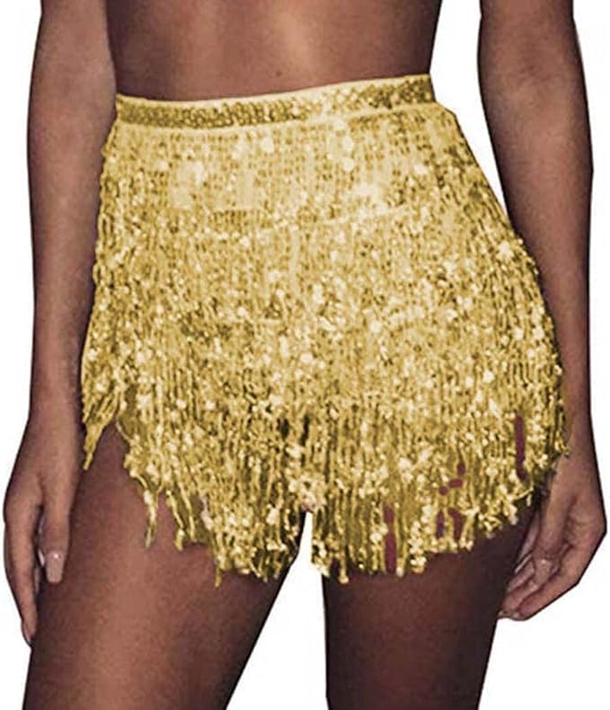 Women Sequin Tassel Skirt Glitter Sparkly Fringe Belly Dance Hip ...