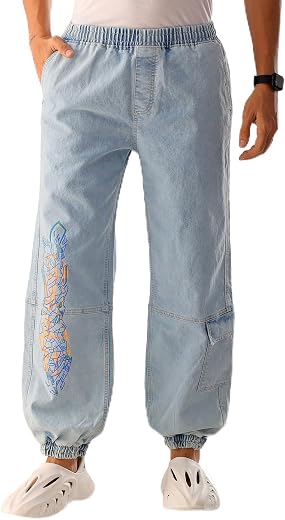 The Indian Garage Co Men Mid Rise Loose Fit Solid Mid-Rise Stretchable Denim Joggers