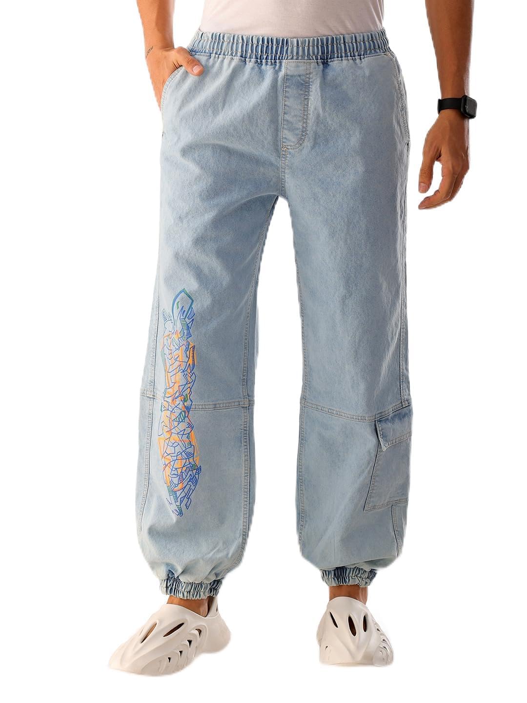 The Indian Garage Co Men Mid Rise Loose Fit Solid Mid-Rise Stretchable Denim Joggers