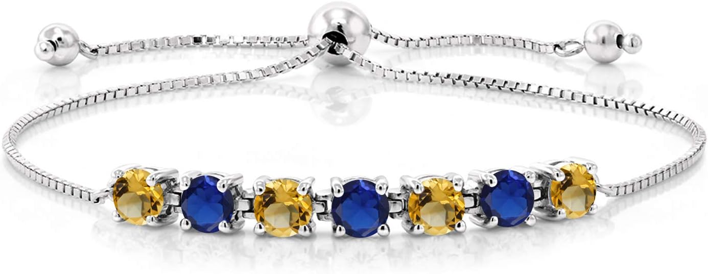 Gem Stone King 7-Stone Tennis Bracelet For Women | Gemstone Birthstone and Blue Created Sapphire | 925 Sterling Silver | Round Cut 4.5MM | Adjustable Bolo Bracelet For Women | Easy-On Easy-Off