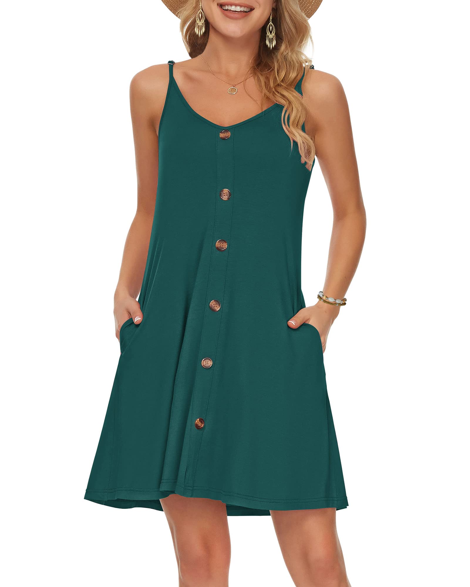 Wneedu Women's Summer Spaghetti Strap Dress, Short, V-Neck, Lightweight, Casual Beach Dress with Pockets