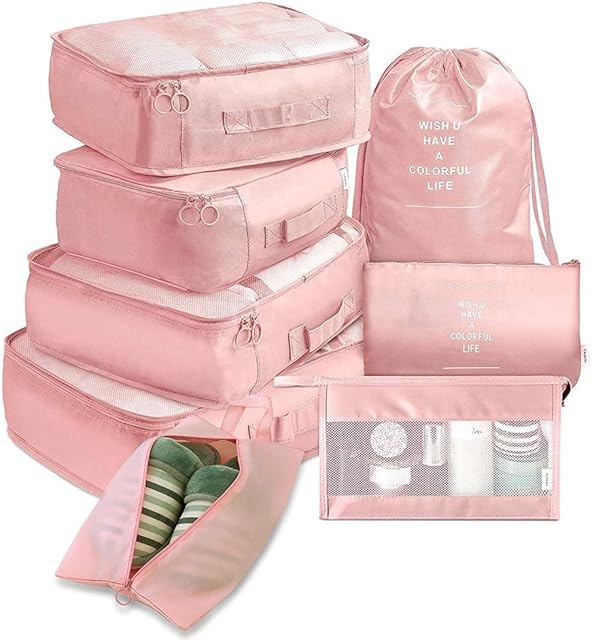 Travel Packing Cubes, Toifucos Multifunction 8pcs/Set Travel Cubes Luggage Organiser Waterproof Travel Compression Suitcase Bag Travel Essential Bag, Pink