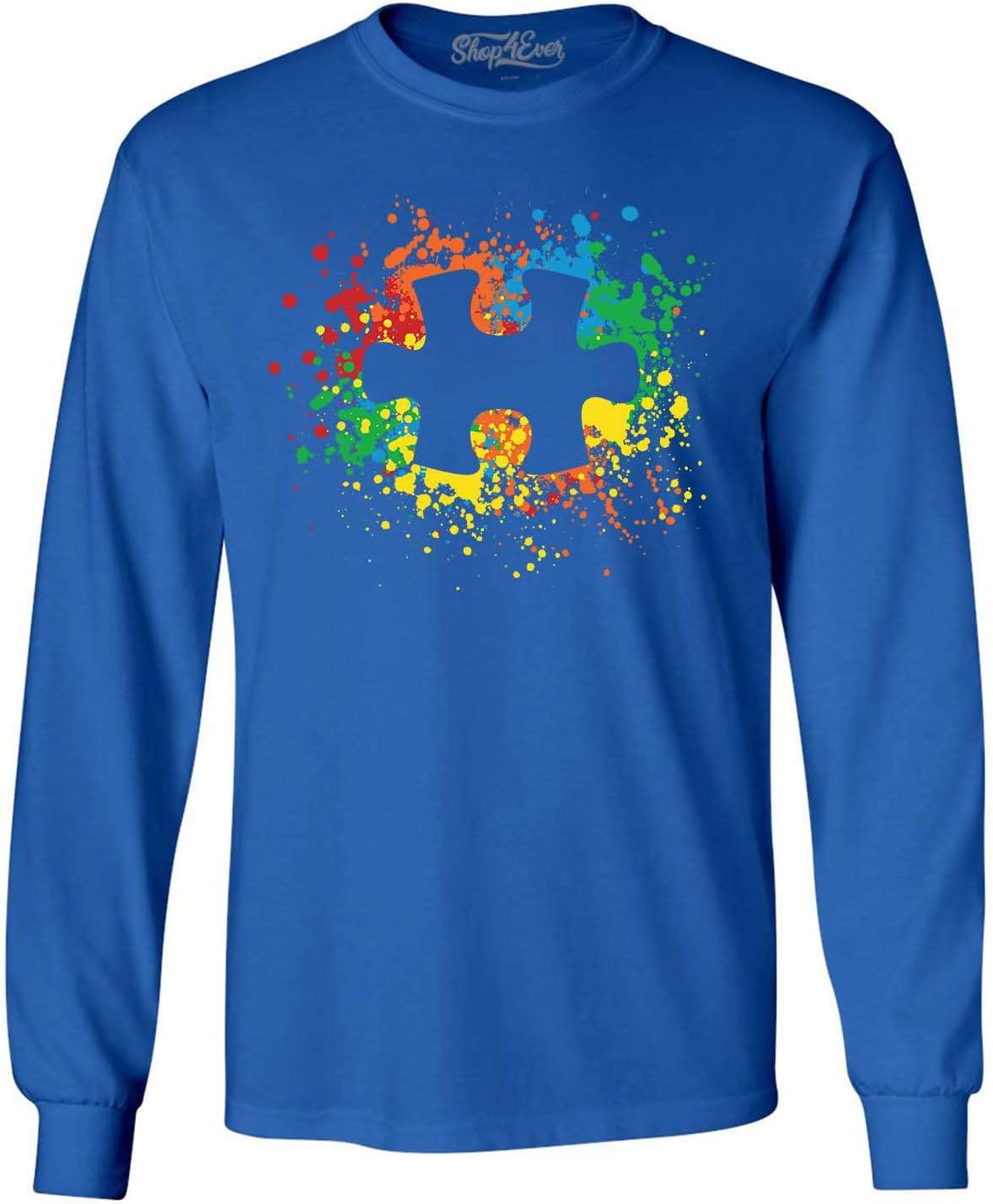 shop4ever Autism Awareness Men’s Long Sleeve T-Shirt – Splatter Paint Puzzle Piece Design, Support Autism Acceptance