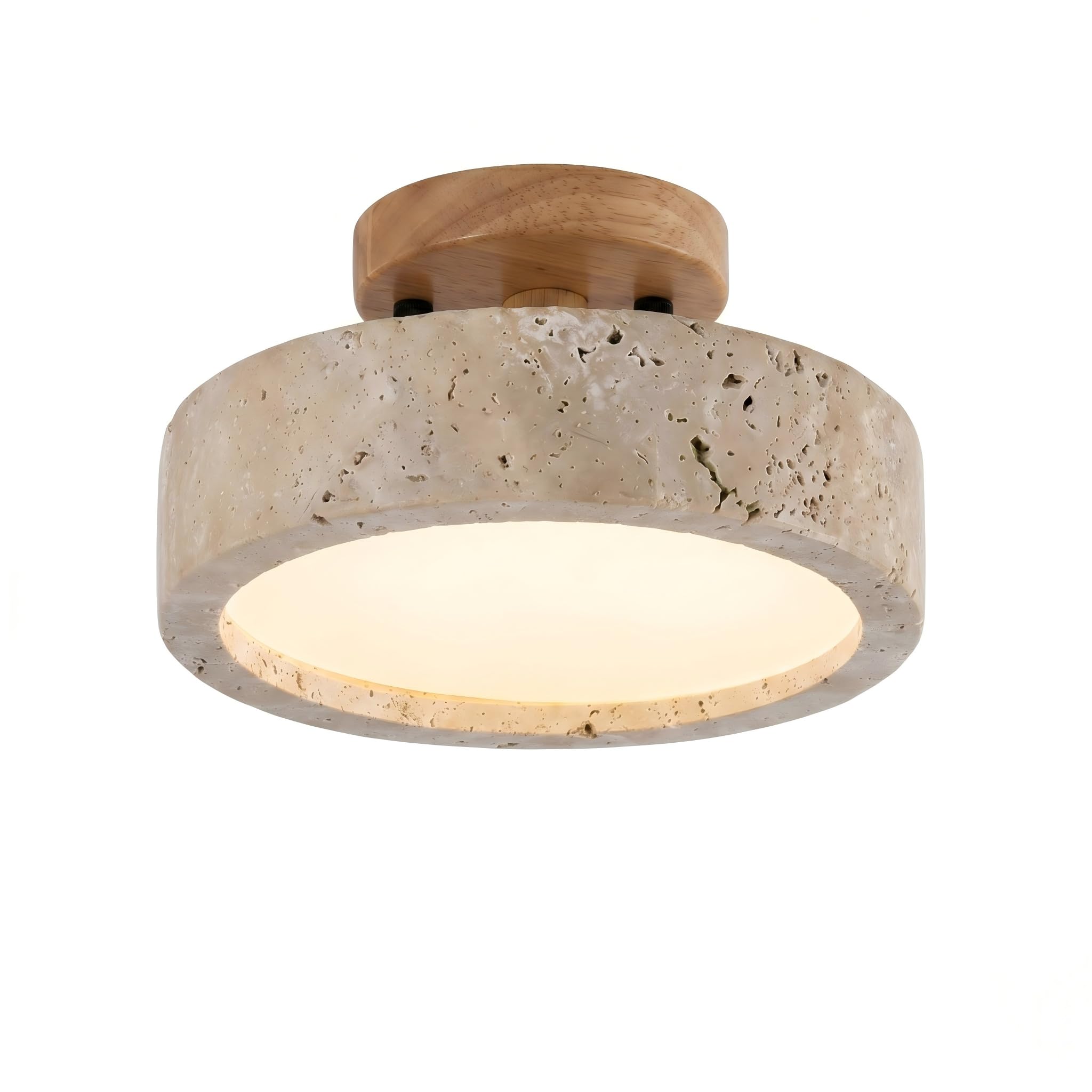 ITOSUI Japanese Wabi Sabi Travertine Ceiling Light, Solid Wood Flush Mount Light Fixture, Natural Stone Lamp for Bedroom, Entryway, Hallway, 3-Color Dimmable LED