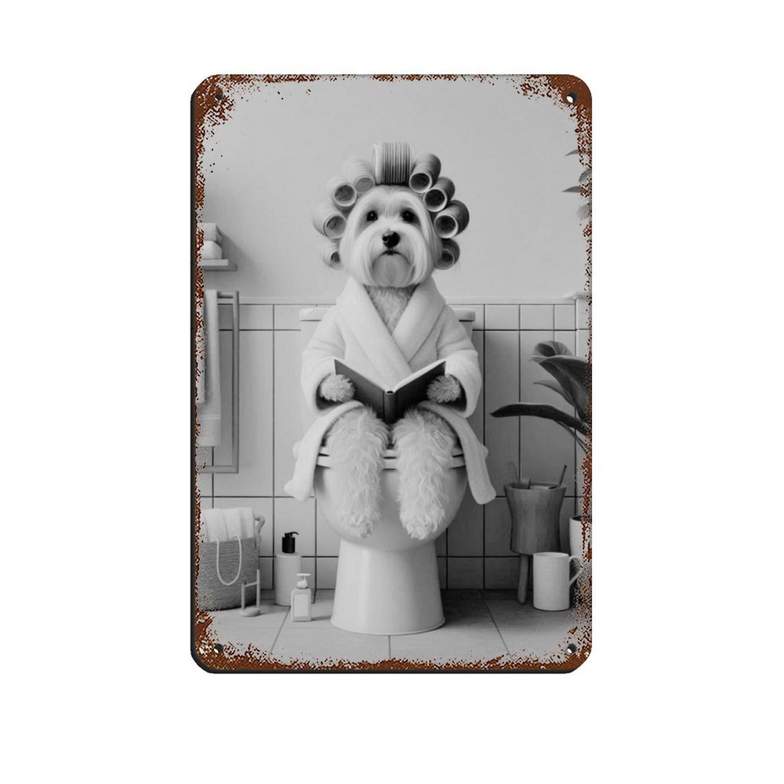 Dog on Toilet Reading Book Tin Sign Vintage Metal Pub Club Cafe Bar Home Wall Art Decoration Poster Retro 8x12inch(20x30cm)