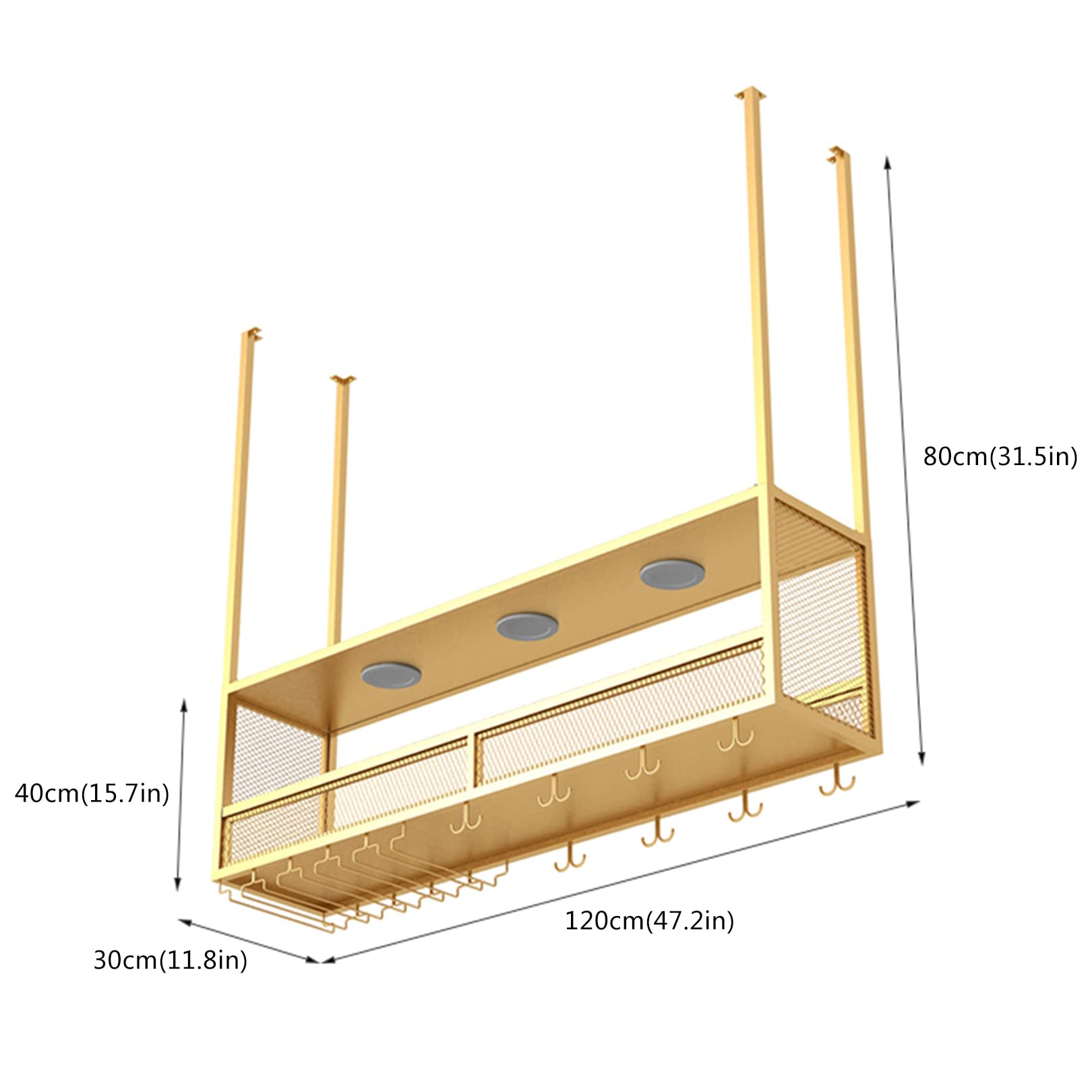 WXQDDA Industrial Hanging Wine Glass Rack Ceiling with Lights, Bar Ceiling Mounted Wine Rack 40-80cm Adjustable Industrial Hanging Wine Bottle Holder, Metal Iron Storage Shelf