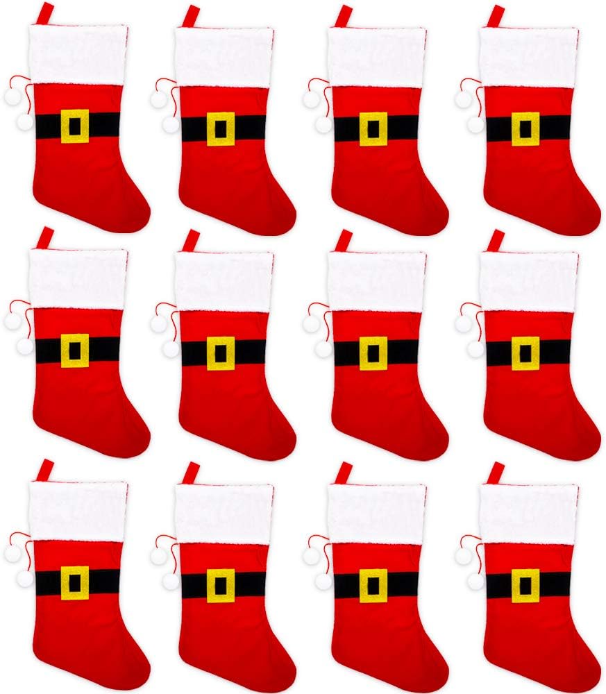 Christmas Stockings Bulk Set - 12 Pack, Deluxe Large Red and White Holiday Stockings for Family Kids (13 Inches, Bulk Pack)
