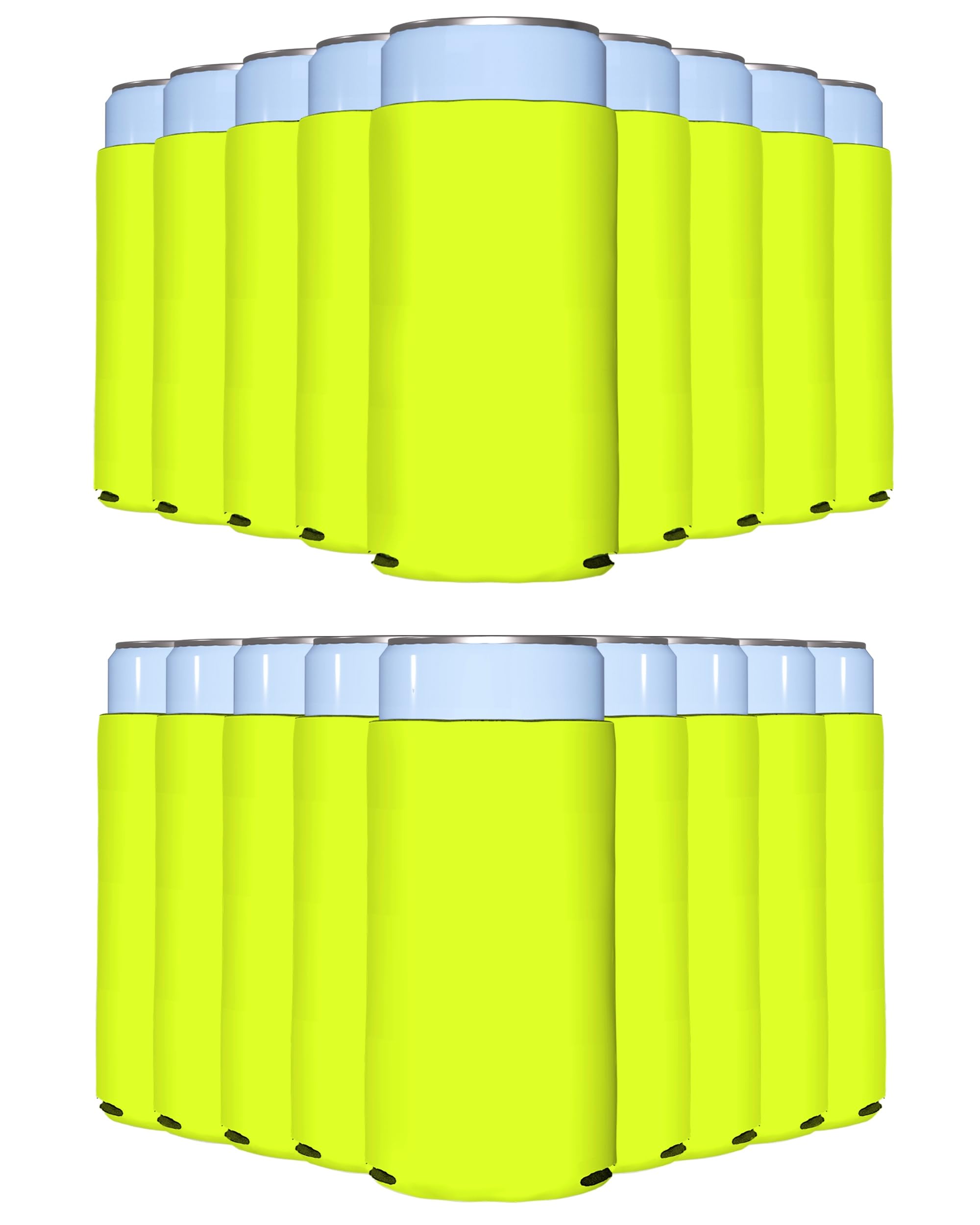 PartyPrints 25 Pack Neon Yellow Blank Slim Can Cooler Sleeves | Plain Seltzer Customizable Bulk Coolers for Beer Bottles &amp; 12oz Tall Cans | Skinny Collapsible Drink Insulated Sleeve