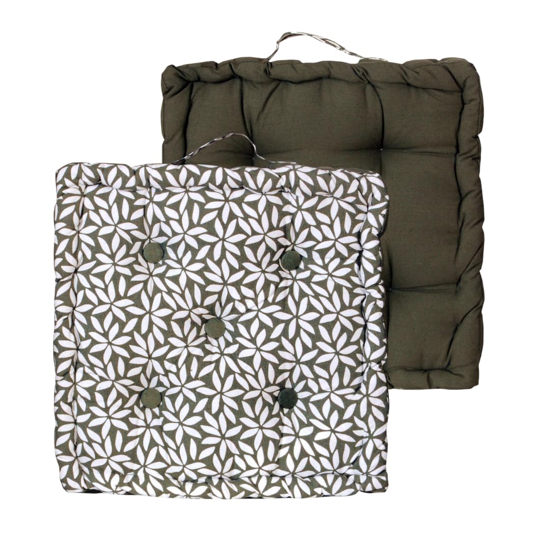 Atout Ciel Lot de 4 Coussins de Sol 40x40cm avec Anse contrastée, Vert Kaki imprimé/uni