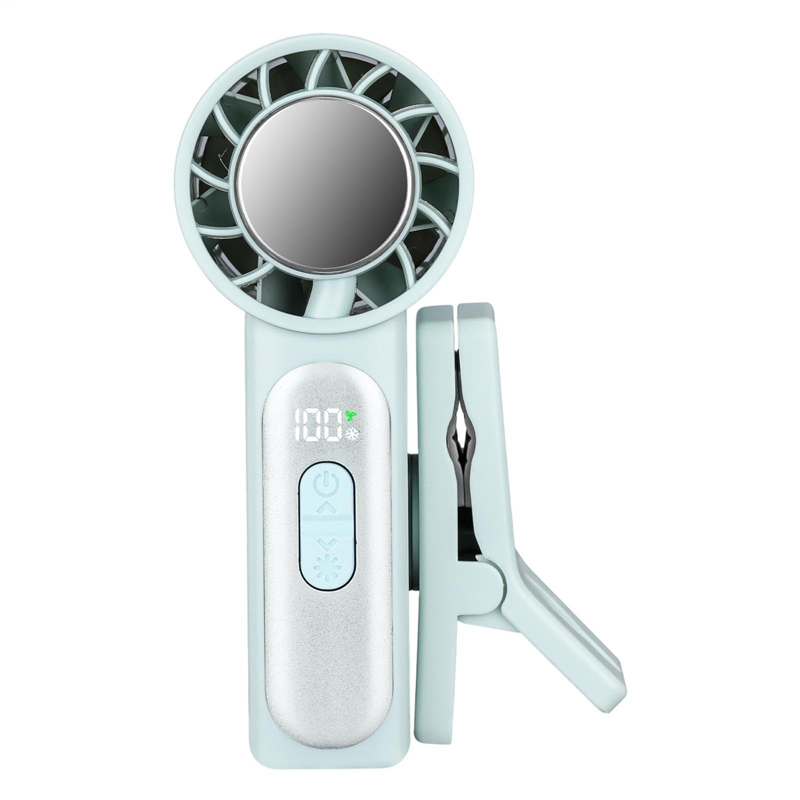 Ventilador mini portátil ajustable con pantalla LED digital y pinza de sujeción