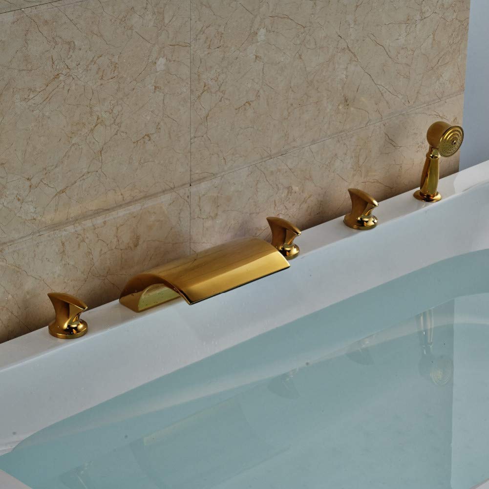 Robinet de baignoire cascade or poli et sa douchette 5 pièces pour grand confort