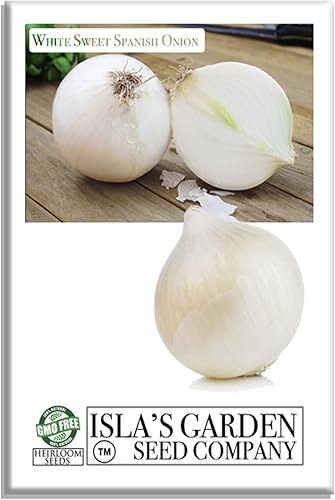 Semillas de cebolla española dulce blanca (Allium cepa) Más de 500 semillas de reliquia sin OMG de Isla's Garden Seeds, sabor suave y crujiente,