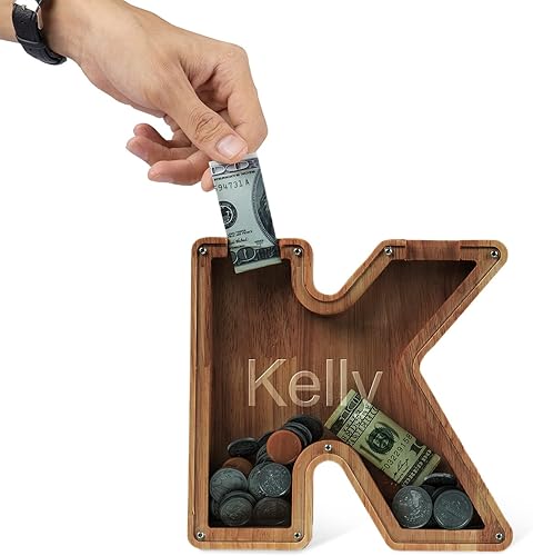 Miniatura 3 de Alcancía con nombre personalizado, 26 letras láser con texto personalizado, banco de monedas de madera, significado educativo, alcancía con nombre