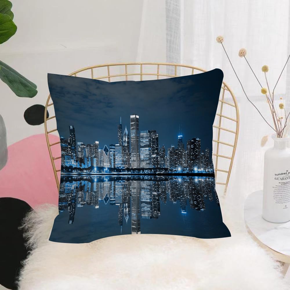 HYOSXW Cushion Cover,Throw Pillow Case Home Decorative for Living Room Bedroom Sofa Chair 16X16 Inch,Chicago skyline view,night view skyscrapers, sleeping city,Pillowcase 40X40cm