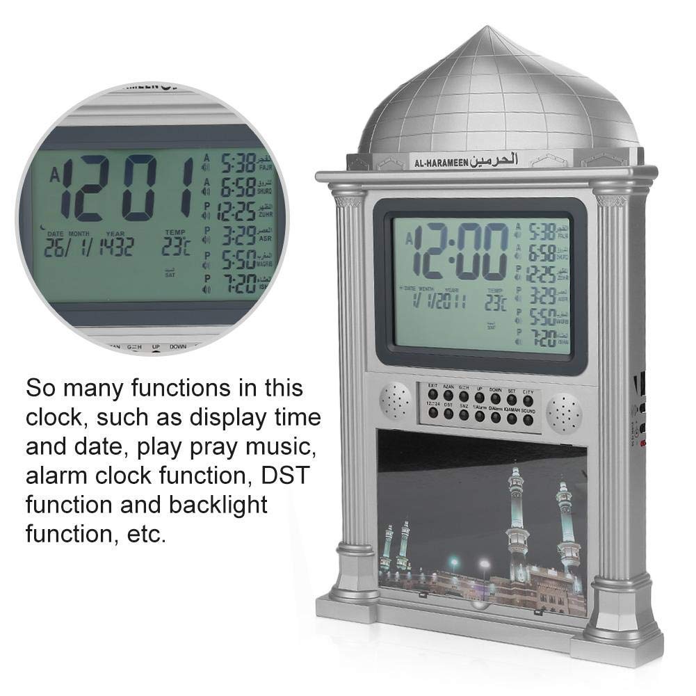 Bewinner AL-HARAMEEN Horloge De Prière Musulmane Horloge De Table Rétro-Éclairée Islamique Multifonctionnelle pour La Prière AZAN HA-4002