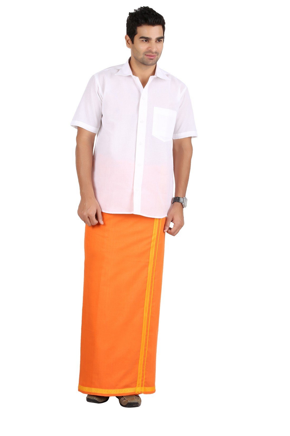 Prakasam Cotton- Mens Single Bentex Cotton Orange Colour Dhoti.(Size 1.26X1.90 Mtrs)