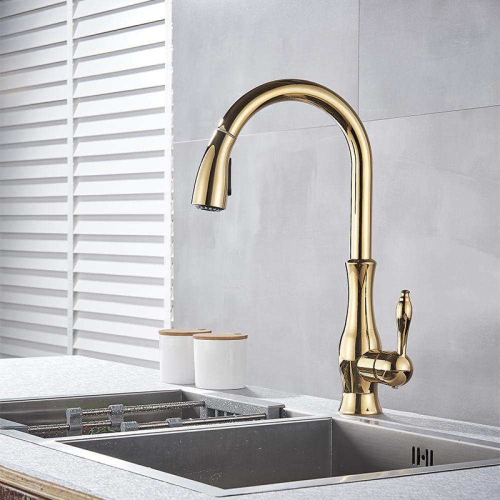 ASerZenith Kitchen Faucet Gold Kitchen Sink Faucet Pull Out Rotation Spray Mixer Tap 360 Rotation Kitchen Shower Faucet