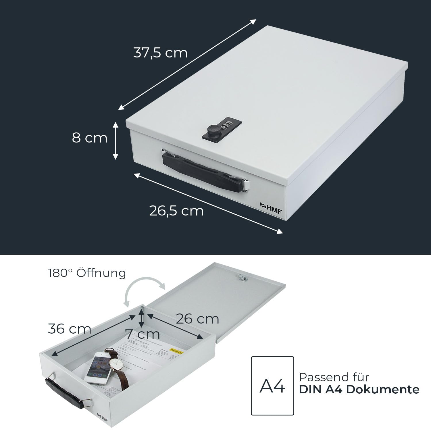 HMF 1413-07 Abschließbare Dokumentenkassette mit Zahlenschloss | DIN A4 | Lichtgrau
