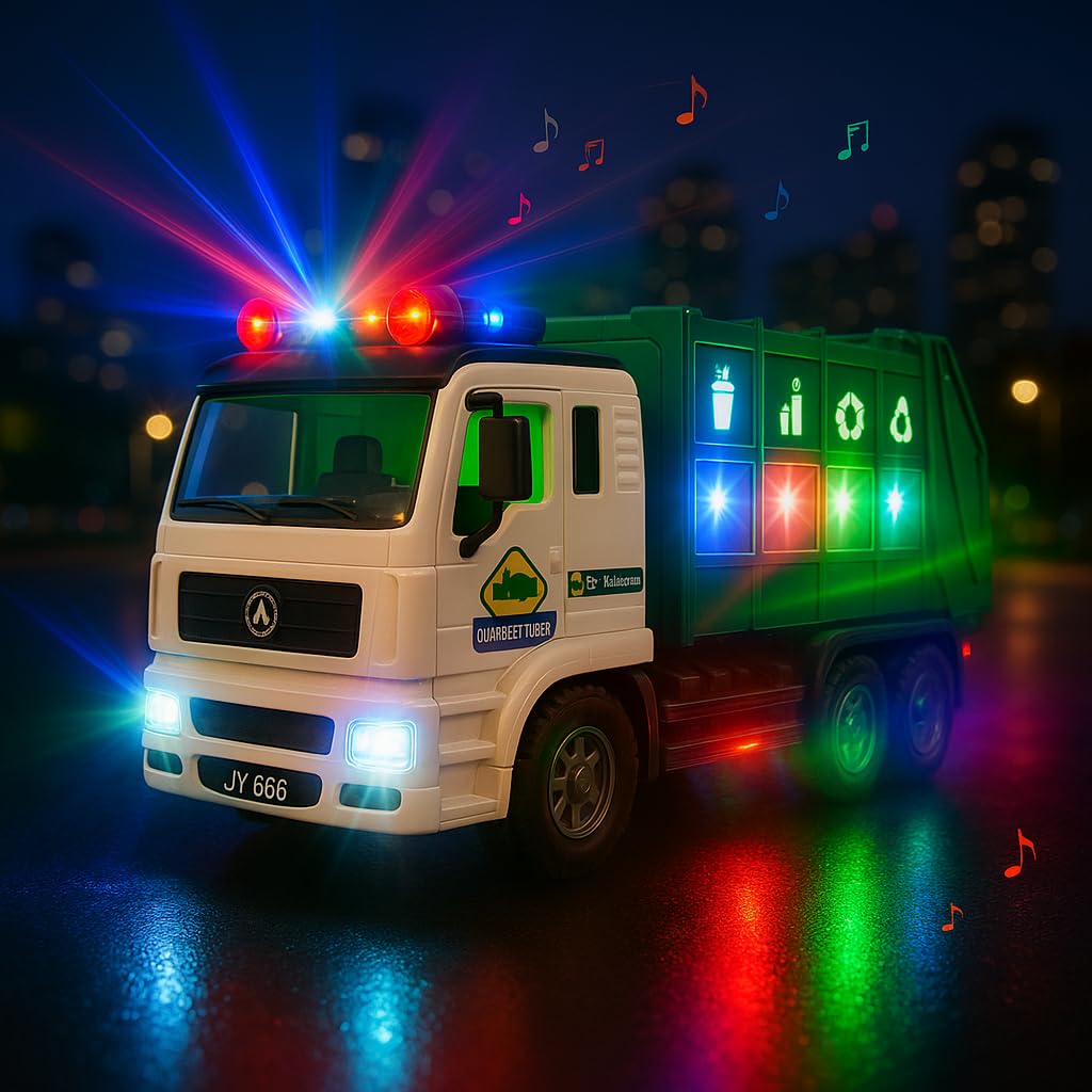 JoyX Garbage Truck for Kids with 4D Lights and Sounds - Automatic Bump & Go Car - Sanitation Truck Stickers